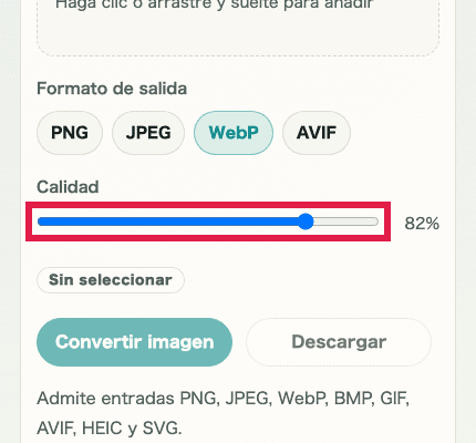 Vista móvil recortada que muestra solo el control de calidad en Conversión de formato de imagen