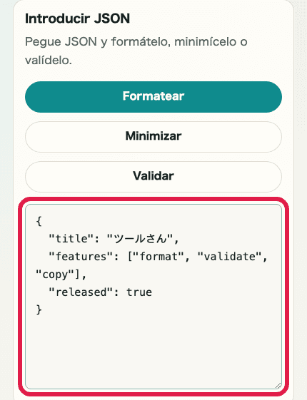 Captura móvil recortada del área de entrada en Formateador JSON mostrando el campo JSON y los botones de acción