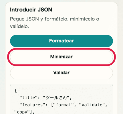 Vista móvil recortada que muestra el botón de minimizar en Formateador JSON