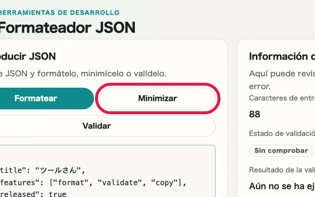 Vista recortada que muestra el botón de minimizar en Formateador JSON