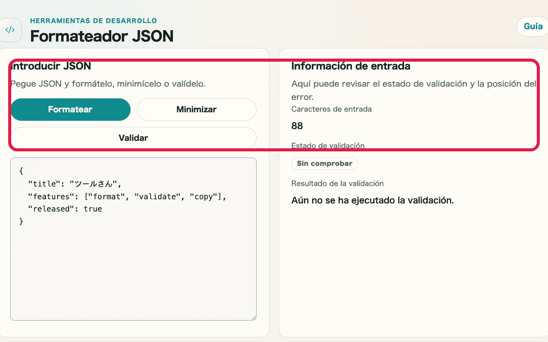 Vista recortada que muestra el botón de validar y la información de entrada en Formateador JSON
