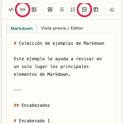 Vista móvil del editor de Vista previa de Markdown mostrando los controles de bloques de código y enlaces