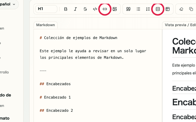 Vista del editor de Vista previa de Markdown mostrando los controles de bloques de código y enlaces