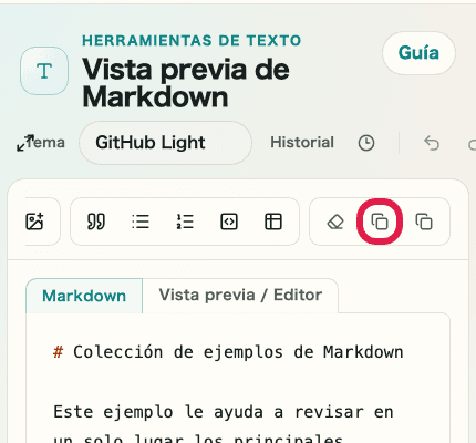 Vista móvil que muestra el icono de copiar en la parte superior derecha de cada panel en Vista previa de Markdown