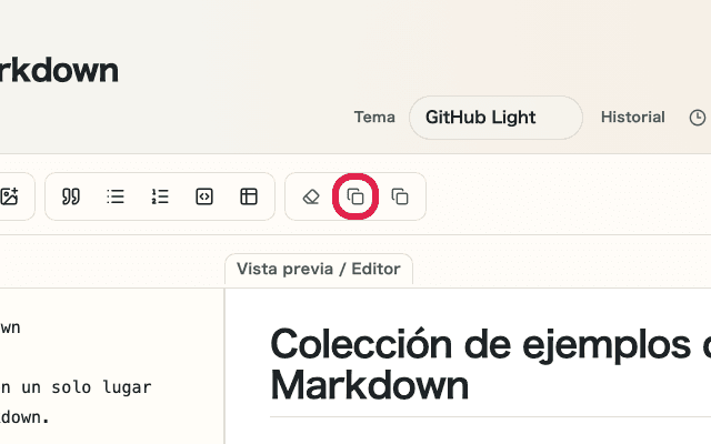 Vista que muestra el icono de copiar en la parte superior derecha de cada panel en Vista previa de Markdown