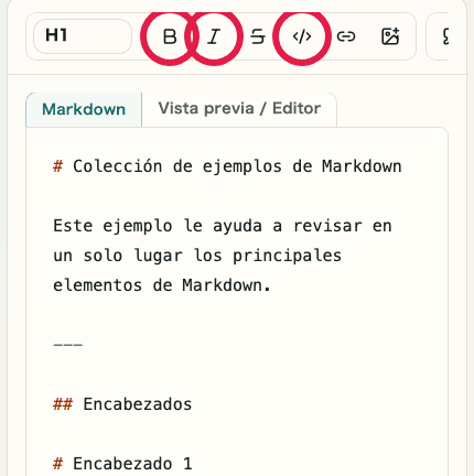 Vista móvil del editor de Vista previa de Markdown mostrando los controles de énfasis
