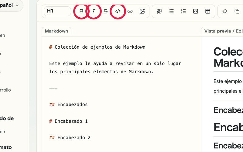 Vista del editor de Vista previa de Markdown mostrando los controles de énfasis