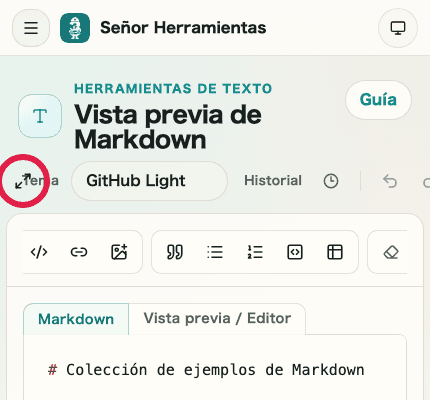 Vista móvil de los controles de visualización de Vista previa de Markdown mostrando dónde entrar en pantalla completa