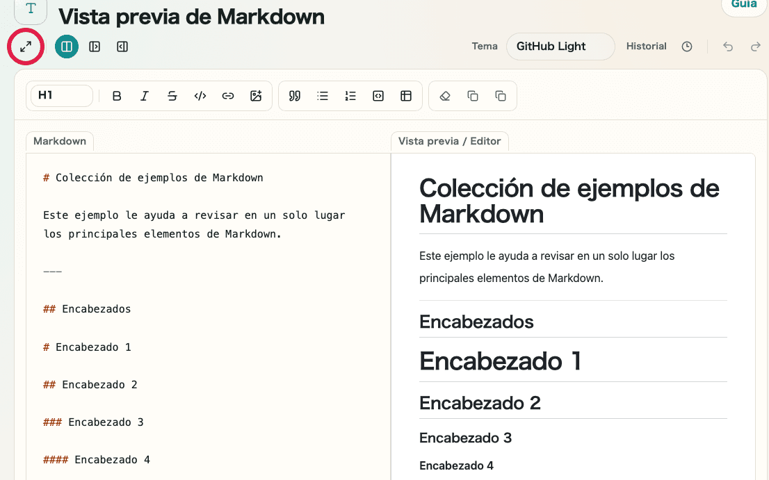 Vista de los controles de visualización de Vista previa de Markdown mostrando dónde entrar en pantalla completa
