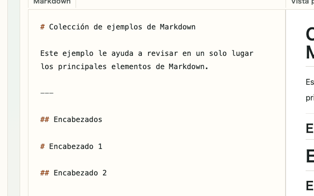 Vista del editor de Vista previa de Markdown mostrando los controles de encabezado