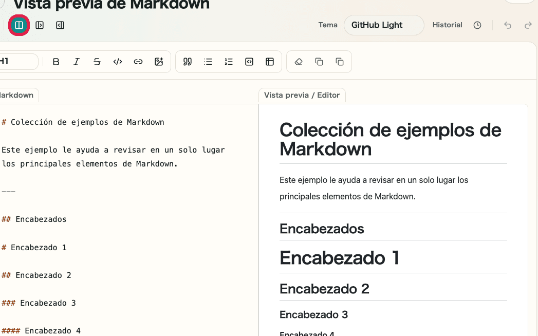 Vista de los controles de visualización de Vista previa de Markdown mostrando dónde cambiar entre vista dividida y vista de un panel