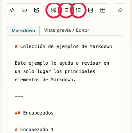 Vista móvil del editor de Vista previa de Markdown mostrando los controles de listas y citas