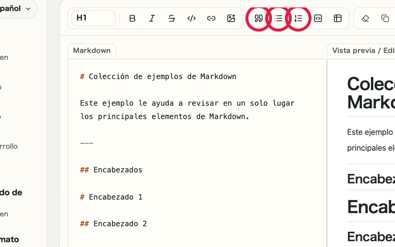 Vista del editor de Vista previa de Markdown mostrando los controles de listas y citas