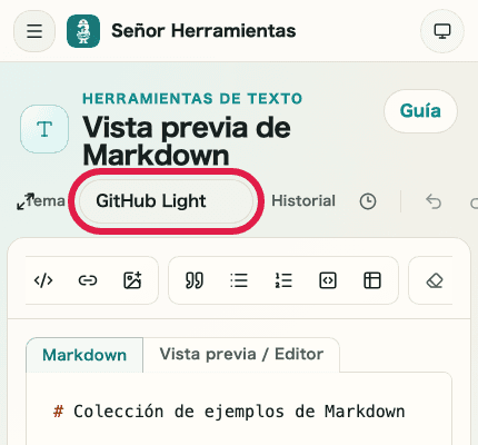 Vista móvil de los controles de visualización de Vista previa de Markdown mostrando dónde cambiar el tema