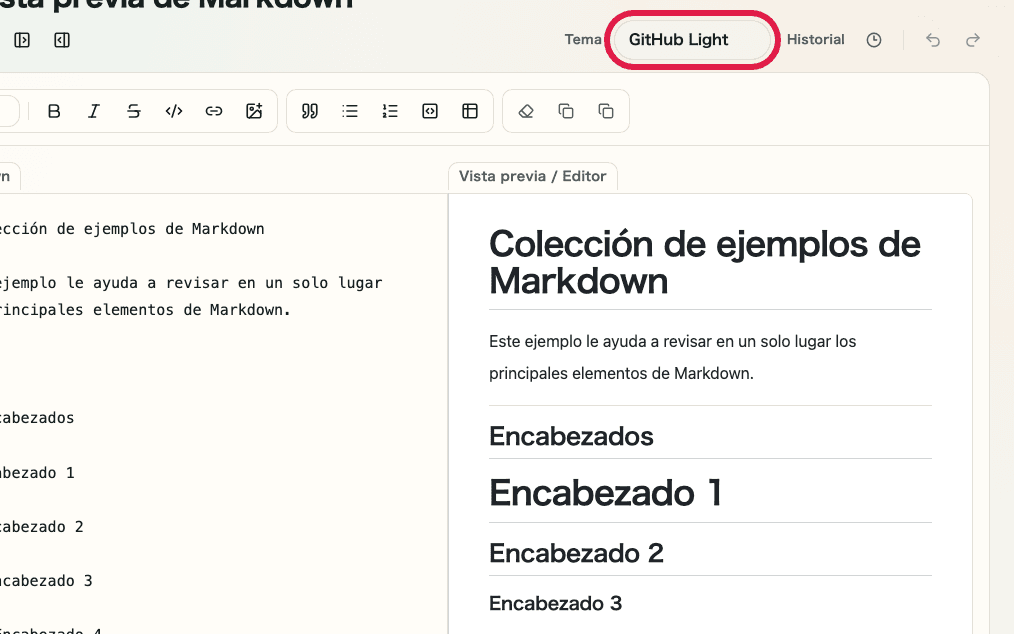 Vista de los controles de visualización de Vista previa de Markdown mostrando dónde cambiar el tema