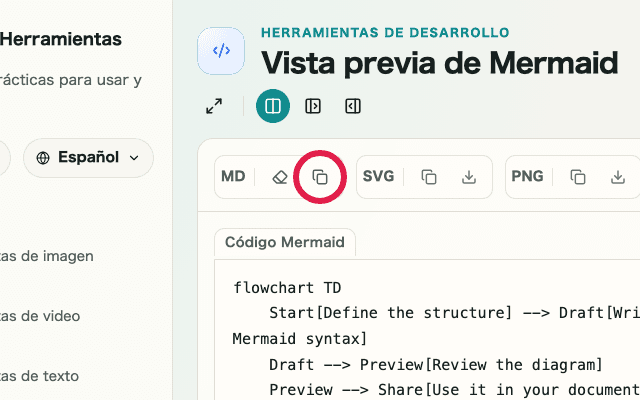 Vista recortada que muestra solo el botón de copiar sintaxis Mermaid en Vista previa de Mermaid