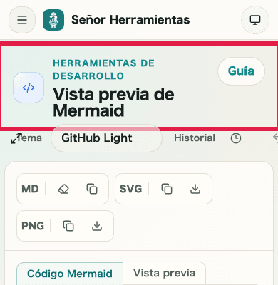 Vista móvil que muestra las acciones de salida SVG en Vista previa de Mermaid