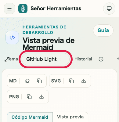 Vista móvil recortada que muestra solo el selector de tema en Vista previa de Mermaid
