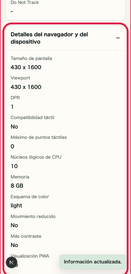 Vista móvil recortada de las tarjetas de resumen en Comprobador de IP e información de red
