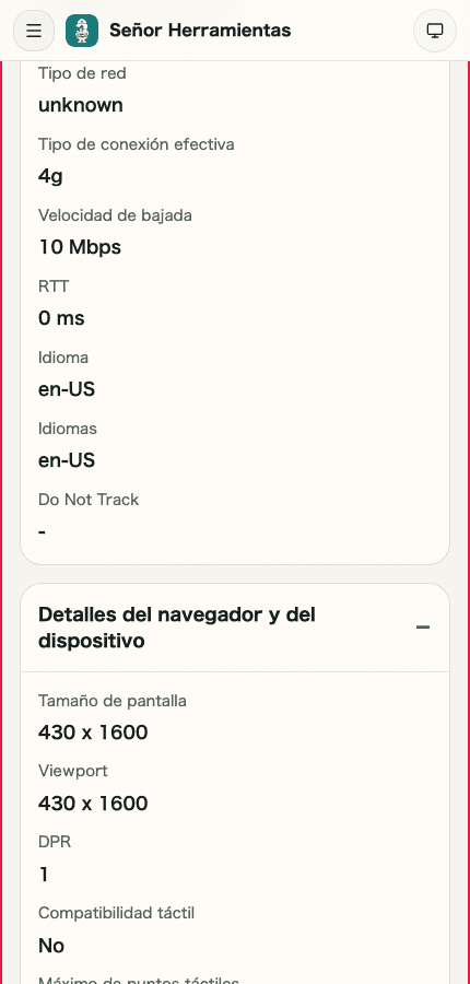 Vista móvil recortada de los acordeones de detalle y del JSON para compartir en Comprobador de IP e información de red