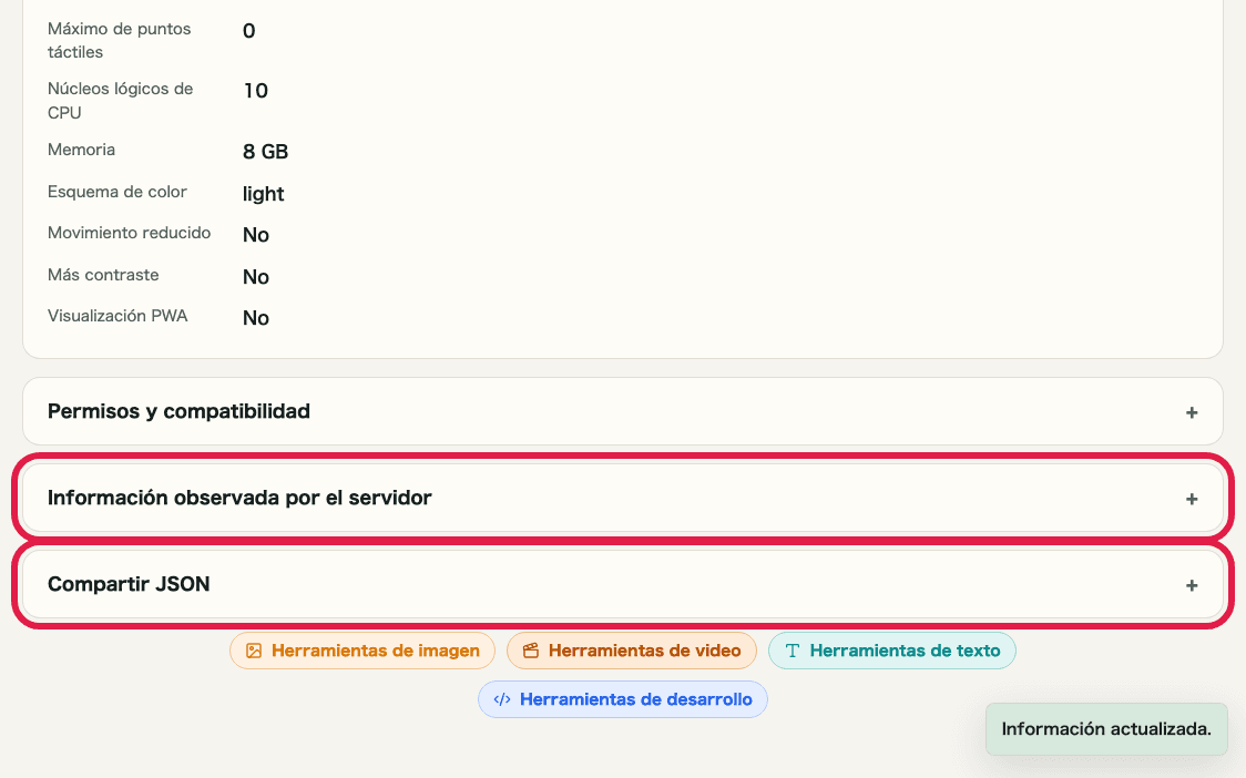 Vista recortada de los acordeones de detalle y del JSON para compartir en Comprobador de IP e información de red