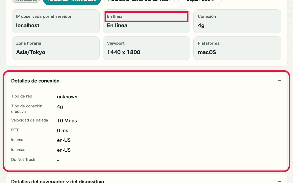 Vista recortada del acordeón de detalles de conexión en Comprobador de IP e información de red