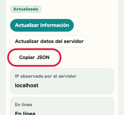 Vista móvil recortada del botón de copiar JSON en Comprobador de IP e información de red