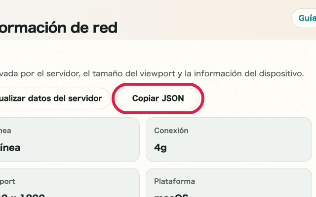 Vista recortada del botón de copiar JSON en Comprobador de IP e información de red