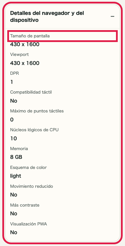 Vista móvil recortada del acordeón de detalles de navegador y dispositivo en Comprobador de IP e información de red