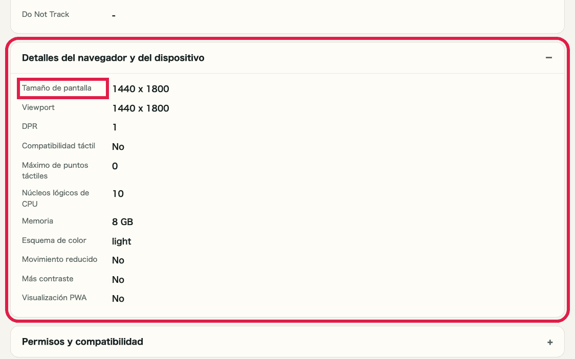 Vista recortada del acordeón de detalles de navegador y dispositivo en Comprobador de IP e información de red