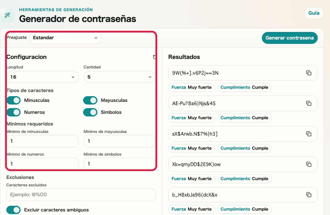 パスワード生成ツールの設定エリアを示す画面