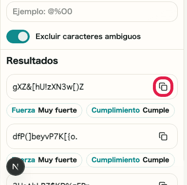 Captura de apoyo que muestra dónde usar Copiar una contraseña