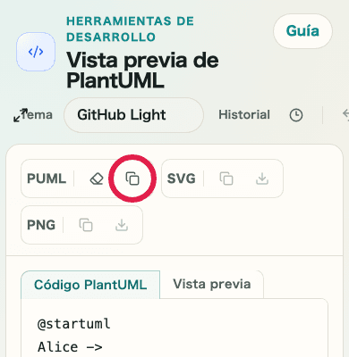 Una vista móvil que muestra la acción de copia en PlantUML Preview