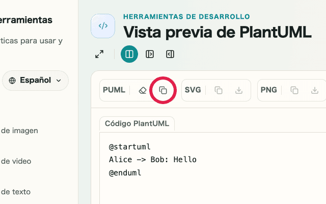 Una vista que muestra la acción de copia en PlantUML Preview