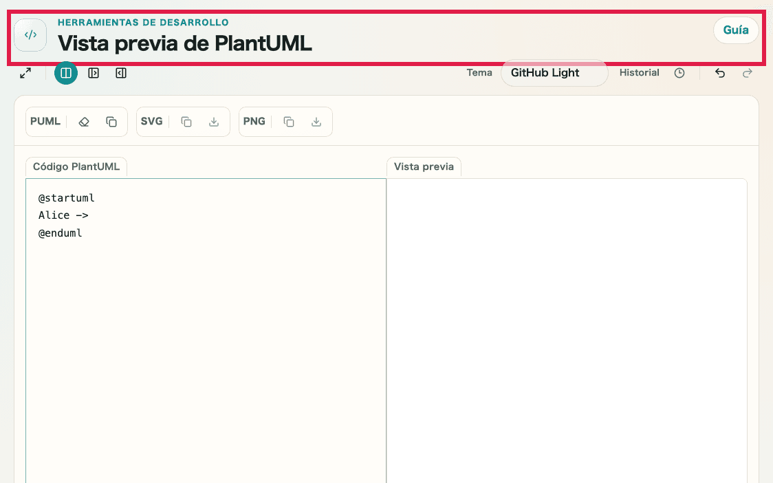 Una vista que muestra el estado de error de PlantUML