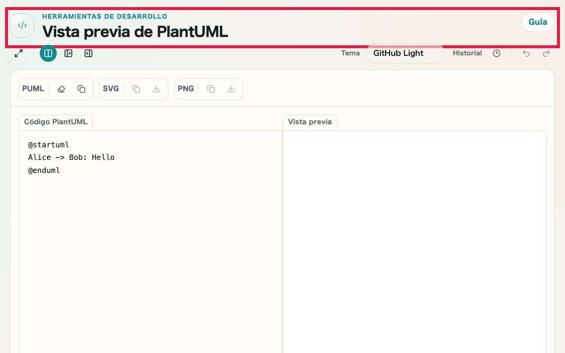 Una vista que muestra la vista previa renderizada de PlantUML