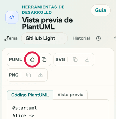 Una vista móvil que muestra la acción de borrado en PlantUML Preview