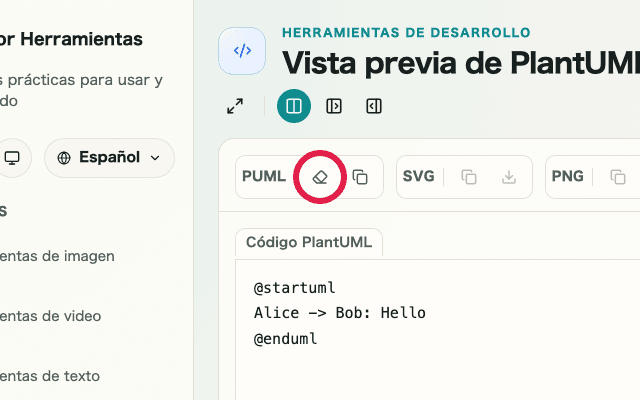 Una vista que muestra la acción de borrado en PlantUML Preview