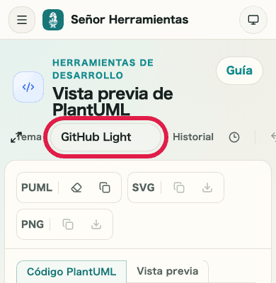 Una vista móvil que muestra el selector de tema en PlantUML Preview