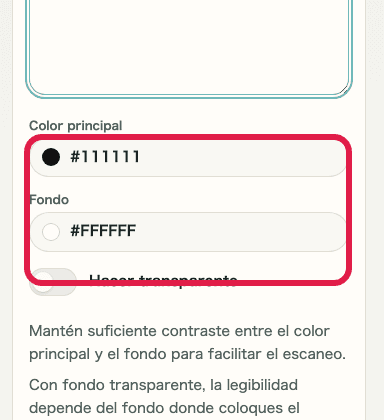 Vista móvil de los ajustes de color del generador de códigos QR
