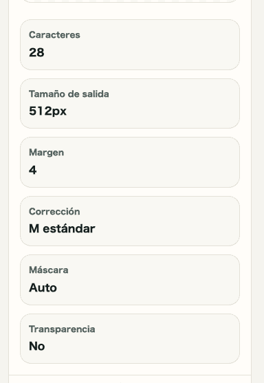 Vista móvil de la información de salida del generador de códigos QR