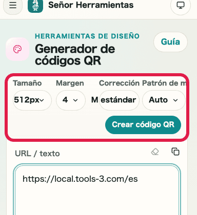 Vista móvil de los ajustes superiores del generador de códigos QR