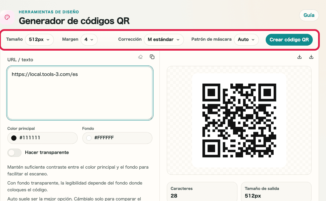 Ajustes superiores del generador de códigos QR