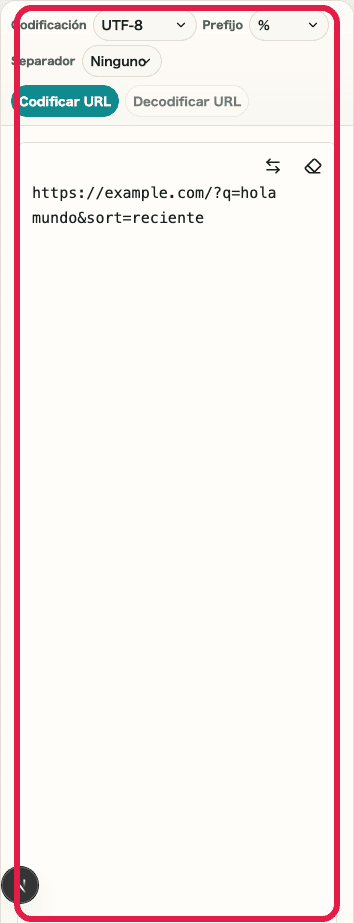 Imagen móvil recortada de Codificar / Decodificar URL mostrando el selector de prefijo, el selector de separador y el área de entrada