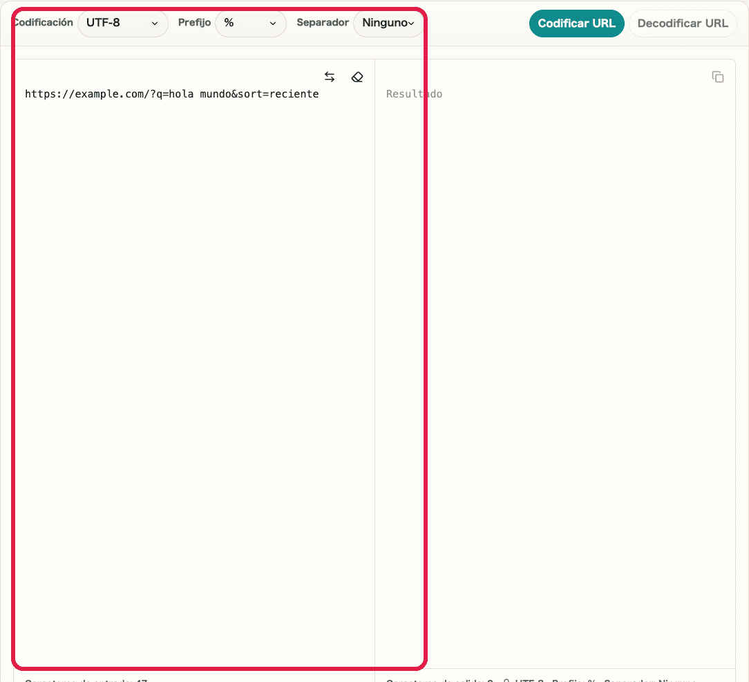 Imagen recortada de Codificar / Decodificar URL mostrando el selector de prefijo, el selector de separador y el área de entrada