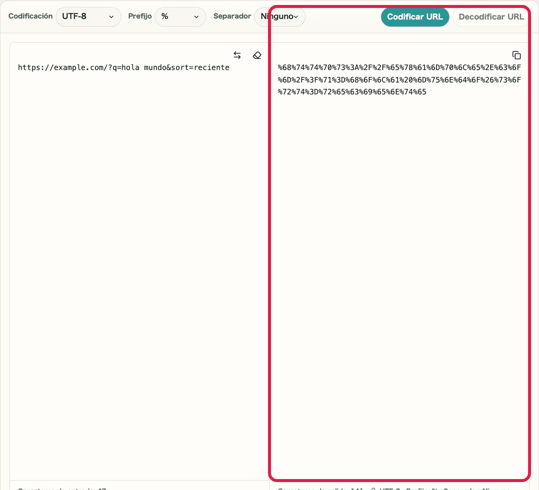 Imagen recortada de Codificar / Decodificar URL mostrando el panel de entrada, el panel de resultado y las acciones de conversión