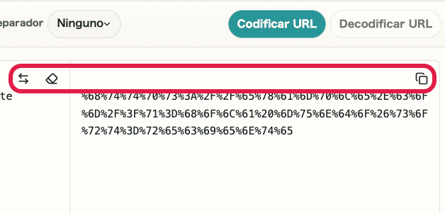 Vista recortada de la acción de intercambio y el icono de copiar resultado en Codificar / Decodificar URL