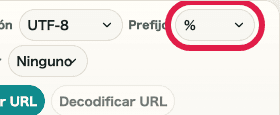 Vista móvil recortada del selector de prefijo en Codificar / Decodificar URL