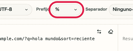 Vista recortada del selector de prefijo en Codificar / Decodificar URL