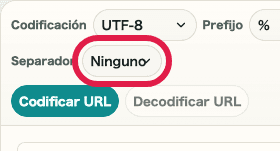 Vista móvil recortada del selector de separador en Codificar / Decodificar URL